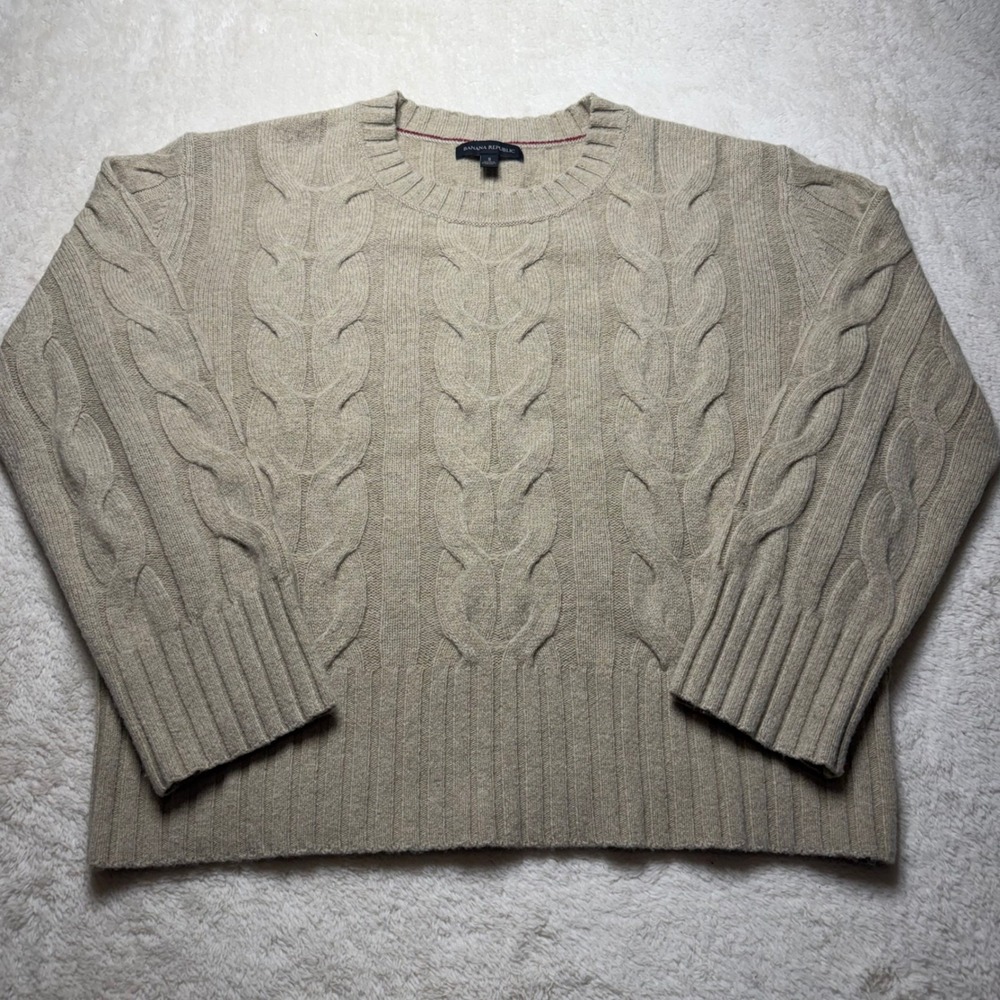 Banana Republic Cable Knit Crew Neck Sweater Tan Size Small Fisherman
